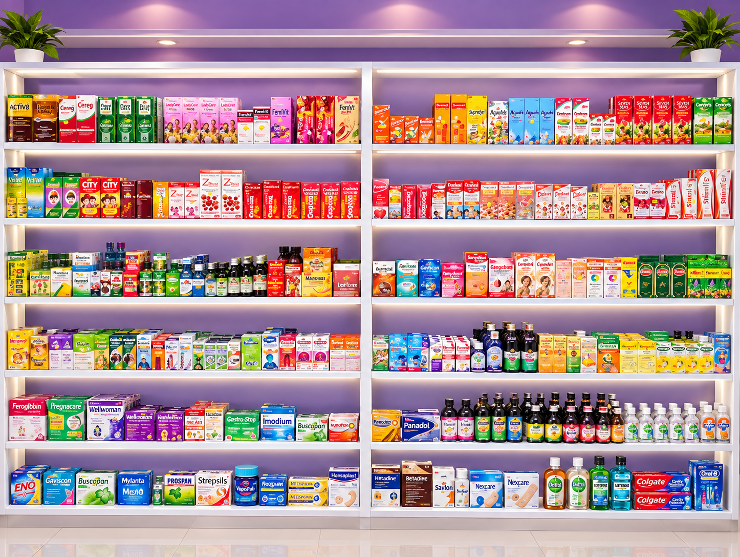 Neatly stocked pharmacy shelves with over-the-counter medicines and health products